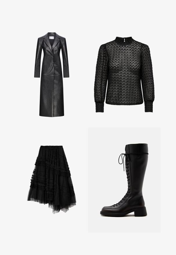 Manteau long en cuir noir au design à boutonnage simple, avec revers crantés, manches longues et texture lisse. Il dispose de deux boutons et d'une coupe droite.; Blouse noire transparente avec un motif texturé, un col montant, de longues manches bouffantes et un détail en trou de serrure au dos avec fermeture à bouton.; Jupe noire asymétrique à plusieurs couches avec des détails en dentelle et volants, composée de panneaux de tissu transparent et opaque.; Grande botte noire en cuir à lacets avec un petit talon bloc et un bout arrondi vue de côté sur fond blanc.