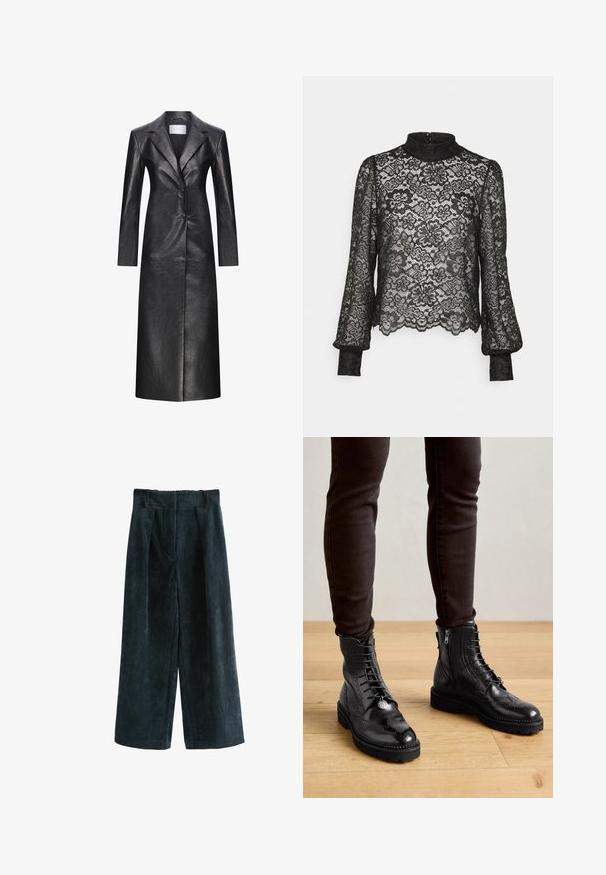 Sort læderlang frakke med en enkeltryk design, spids krave, lange ærmer og en glat tekstur. Har to knapper og en lige pasform.; Pieces Petite PCMARIKA - Bluse - black; Mørkegrønne corduroy brede bukser med en struktureret overflade, der har frontfolder, en glat talje og en cropped kant.; Sorte læder ankelstøvler med brogue-detaljer, snørebånd foran, sideskafter og teksturerede gummisåler. Matchet med mørke slim-fit bukser.