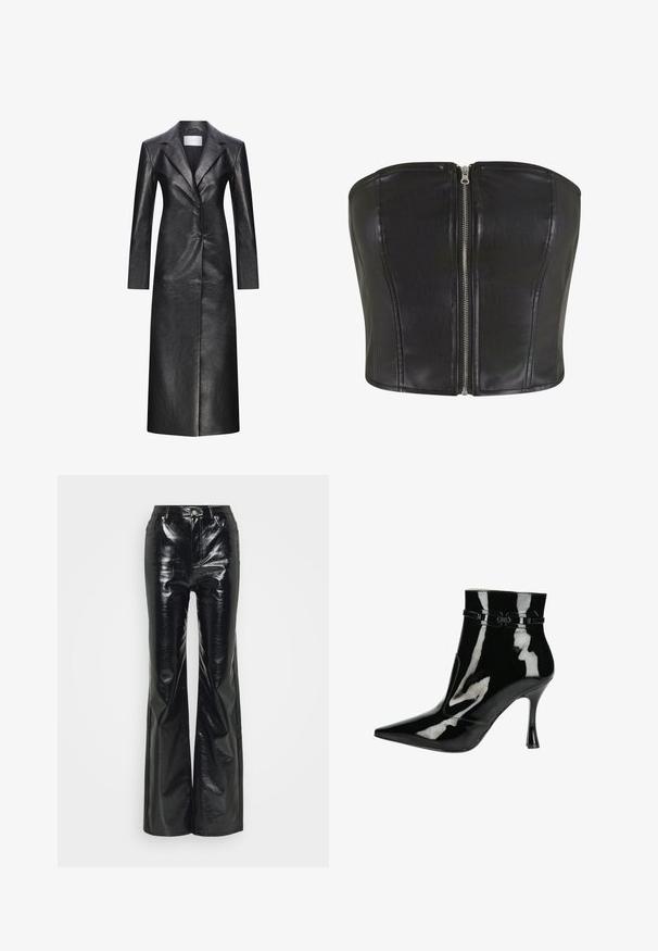 Manteau long en cuir noir au design à boutonnage simple, avec revers crantés, manches longues et texture lisse. Il dispose de deux boutons et d'une coupe droite.; Top en corset en cuir noir avec une coupe structurée. Comprend une fermeture éclair centrale en argent et des coutures le long du buste. Texture lisse.; Pantalons évasés en simili cuir noir avec une finition brillante, dotés d'une taille haute, de poches avant et de détails en métal argenté.; Bottine en cuir verni noir avec bout pointu, finition brillante, design élancé et talon aiguille étroit. Détails accentués par une sangle décorative.