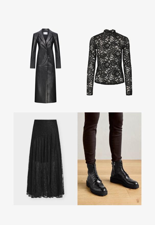 Sort læderlang frakke med en enkeltryk design, spids krave, lange ærmer og en glat tekstur. Har to knapper og en lige pasform.; Sort blonde top med lange ærmer, der har en høj hals med flæsedetaljer, blomsterprint og en gennemsigtig tekstur. Designet til en tætsiddende silhuet.; Sort blondernederdel med et flydende, lagdelt design. Har en talje, delikate blomster-mønstre og en gennemsigtig tekstur. Længden går til midt på læggen.; Sorte læder ankelstøvler med brogue-detaljer, snørebånd foran, sideskafter og teksturerede gummisåler. Matchet med mørke slim-fit bukser.
