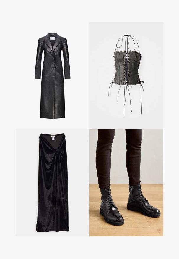 Sort læderlang frakke med en enkeltryk design, spids krave, lange ærmer og en glat tekstur. Har to knapper og en lige pasform.; Jaded London LONGLINE LACE UP HALTER CORSET - Top - black; GmbH LONG SKIRT WITH A KNOT - Maxinederdele - black; Sorte læder ankelstøvler med brogue-detaljer, snørebånd foran, sideskafter og teksturerede gummisåler. Matchet med mørke slim-fit bukser.