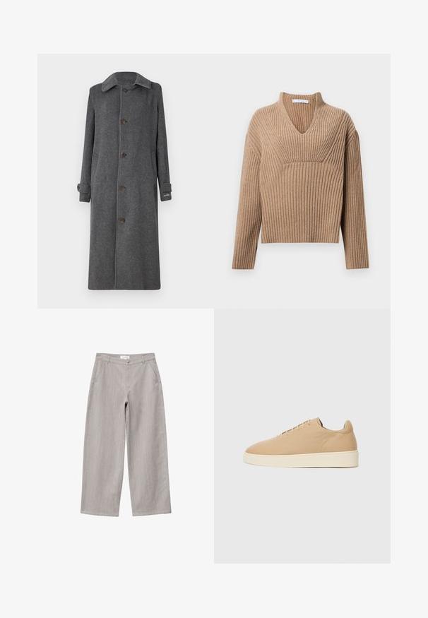 Grå uldfrakke med knaplukning, spredt krave og to sidelommer. Har lange ærmer og let opløftede manchetter.; Beige ribstrikket sweater med dyb V-udskæring, lange ærmer og en struktureret panel ved brystet. Korte længde med en afslappet pasform.; Lysegrå bukser med vide ben, forlommer, bæltestropper og knaplukning i taljen.; Beige sneakers med en glat overflade, rund tå og minimalistisk design. Har en crèmefarvet sål og seks huller til snørebånd.