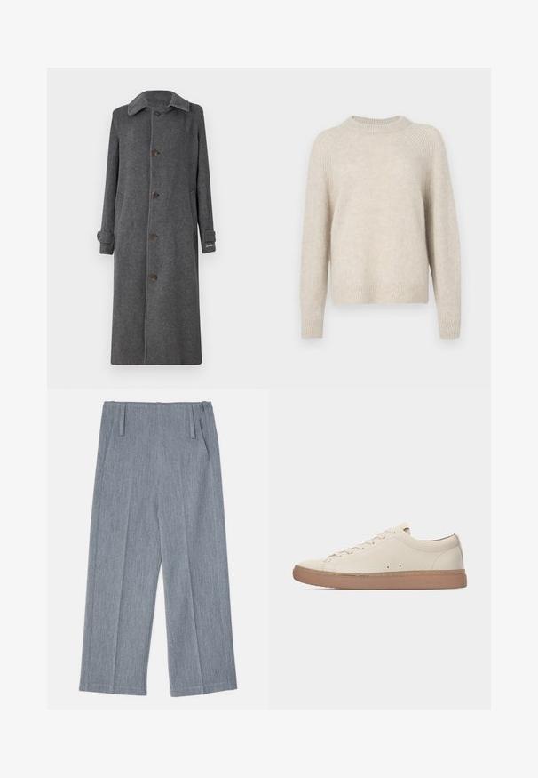 Manteau en laine gris avec un devant à boutons, un col évasé et deux poches latérales. Présente des manches longues et des poignets légèrement retroussés.; Pull en tricot beige avec un col rond, des manches raglan et un ourlet côtelé. Texture douce avec une coupe légèrement ample et un motif minimal.; Pantalons larges gris clair en tissu texturé, avec deux plis avant et deux poches latérales. Design épuré et ajusté.; Baskets basses en cuir beige avec semelle en caoutchouc marron, fermeture à lacets sur le devant, et détails de coutures minimaux, présentées de profil sur fond blanc.