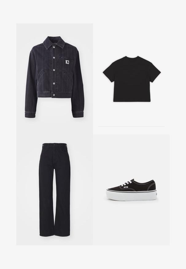 Mørk denimjakke med vertikale striber, cropped design, spidse kraver, frontlukning med knapper og brystlomme med logo-patch.; Sort kortærmet T-shirt, klassisk crew neck, lavet af blødt bomuldsstof, ensfarvet design uden mønstre eller accenter.; Sorte højtaljede bredbenede jeans med frontknap og lynlås, bæltestropper og to forlommer på hvid baggrund.; Sort lærred sneakers med en hvid gummi platform sål, der har hvide snørebånd og syninger, ikonisk branding på siden, lav-top design.
