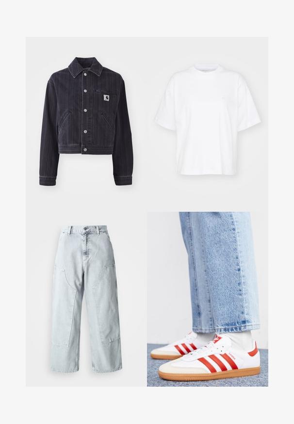 Mørk denimjakke med vertikale striber, cropped design, spidse kraver, frontlukning med knapper og brystlomme med logo-patch.; Hvid bomulds t-shirt med rund hals, korte ærmer og en afslappet pasform. Har et diskret logo på venstre brystområde. Glat tekstur.; Lys blå denim bred benbukser med store sidelommer, høj talje og løst fit. Slidte tekstur med en falmet finish.; Hvide lædersneakers med røde striber og accenter. Har en tekstureret gummisål og polstret krave. Bæres med lyseblå denim.