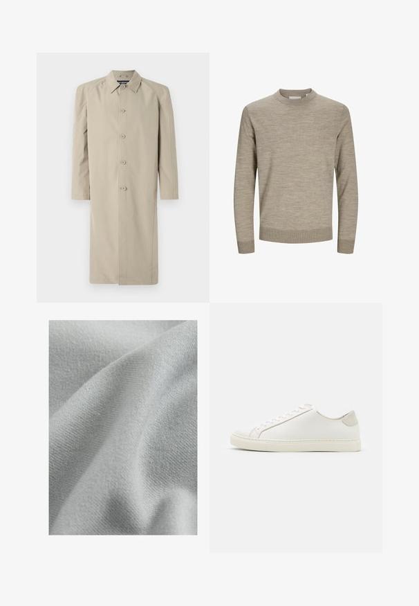 Beige trenchcoat gemaakt van een gladde, lichte stof. Heeft een kraag, een knoopsluiting aan de voorkant en lange mouwen met een rechte snit.; Beige lange mouw trui met ronde hals, geribbelde manchetten en zoom, weergegeven op een witte achtergrond.; Lichtgrijze stof met een zachte, soepele textuur en een subtiel breipatroon, gedrapeerd om het flexibele en vloeiende ontwerp te tonen.; Witte leren sneaker met een gladde oppervlakte, ronde neus en minimalistisch ontwerp. Heeft beige accenten op de hiel en een rubberen zool.