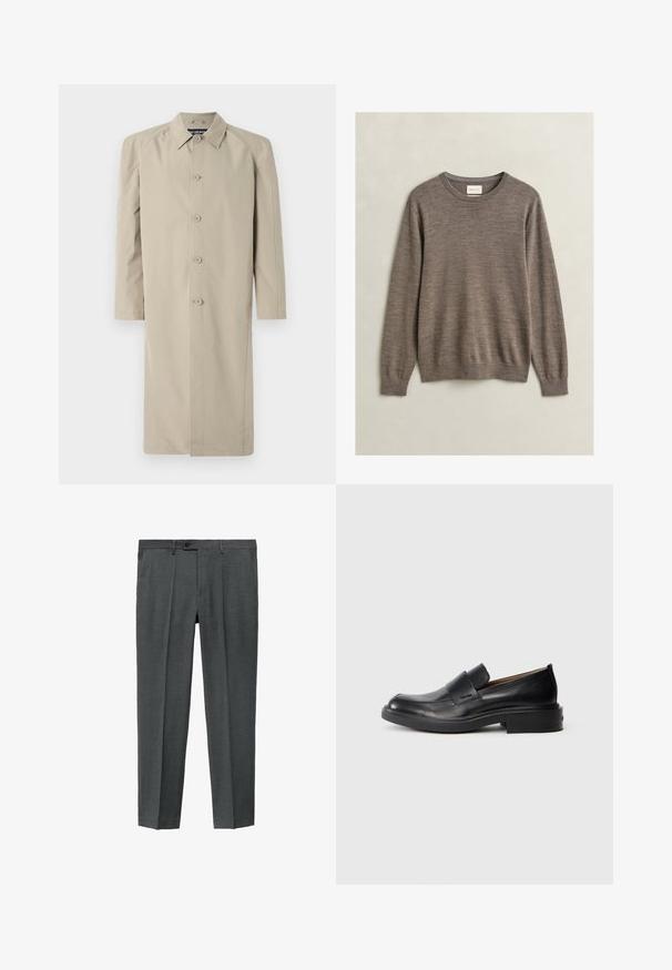 Beige trenchcoat gemaakt van een gladde, lichte stof. Heeft een kraag, een knoopsluiting aan de voorkant en lange mouwen met een rechte snit.; Bruine longsleeve trui met ronde hals, met geribde manchetten en zoom, plat uitgestald op een lichte achtergrond.; Grijze, op maat gemaakte broeken met een soepele textuur, enkele voorplooien en een knoopsluiting. Beschikt over rechte pijpen en zijzakken.; Zwarte leren instap schoenen met een lage hak en subtiel Calvin Klein-logo aan de zijkant, weergegeven in profiel op een witte achtergrond.