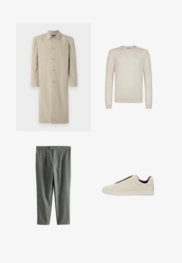 Beige trenchcoat gemaakt van een gladde, lichte stof. Heeft een kraag, een knoopsluiting aan de voorkant en lange mouwen met een rechte snit.; Beige crew-neck sweater van zacht gebreid materiaal. Heeft lange mouwen en ribgebreide manchetten en zoom. Minimalistisch ontwerp met een gladde textuur.; Grijze broek gemaakt van textuurstof met een elastische tailleband, voorzien van plooien aan de voorkant en een rechte pijpontwerp.; Lichtbeige instapsneaker met een bovenwerk van gestructureerd leer, elastische zijinzetstukken, een witte rubberen zool en minimalistische designelementen.