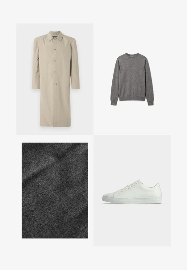 Beige trenchcoat gemaakt van een gladde, lichte stof. Heeft een kraag, een knoopsluiting aan de voorkant en lange mouwen met een rechte snit.; Grijze heren trui met lange mouwen en ronde hals, geribde manchetten en zoom, met een klein subtiel logo op de linkerborst.; Geweven zwarte stof met een zachte, licht glanzende oppervlakte, die een subtiel weefpatroon en een soepele val vertoont.; Witte lage sneaker met veters, glad leren bovenwerk en platte rubberen zool, van opzij te zien tegen een effen achtergrond.
