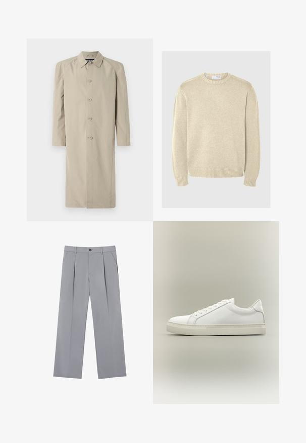 Beige trenchcoat lavet af et glat, let stof. Har en kravehals, knaplukning foran og lange ærmer med lige snit.; Lys beige striktrøje med rund halsudskæring, lange ærmer, ribbede manchetter og kant. Glat tekstur med et mellemtykt mønster.; Grå plisserede bukser med en afslappet pasform, lavet af et letvægtsstof. Har forlommer og en knaplukning i taljen.; Hvid lavtop sneaker med snørebånd foran og tyk sål, vist fra siden mod en neutral baggrund.