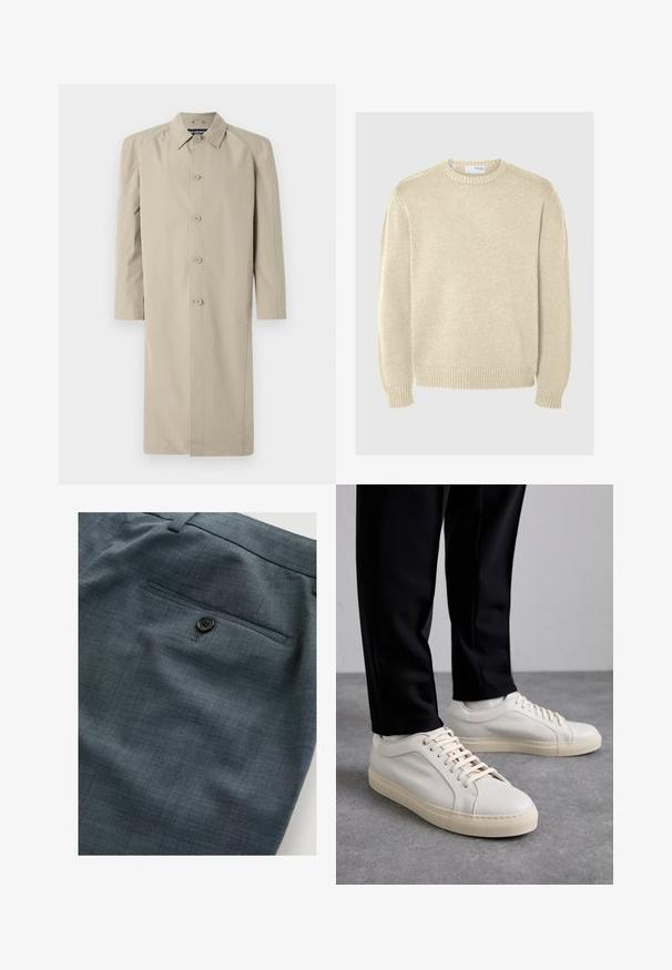 Beige trenchcoat lavet af et glat, let stof. Har en kravehals, knaplukning foran og lange ærmer med lige snit.; Lys beige striktrøje med rund halsudskæring, lange ærmer, ribbede manchetter og kant. Glat tekstur med et mellemtykt mønster.; Nærbillede af mørkegrå teksturerede bukser med baglomme, enkelt sort knap og bæltestrop ovenover.; Lys beige lædersneakers med flade snørebånd, en tekstureret overflade og en kontrasterende cremelilla gummisål, båret med sorte tapered bukser.