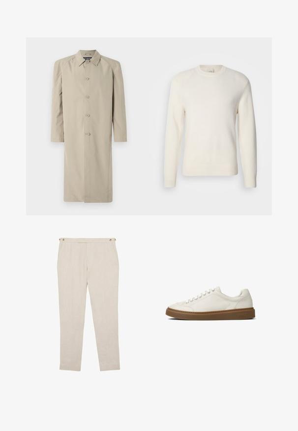 Beige trenchcoat gemaakt van een gladde, lichte stof. Heeft een kraag, een knoopsluiting aan de voorkant en lange mouwen met een rechte snit.; Witte trui met lange mouwen, gemaakt van zachte stof, met een afgeronde ronde hals en geribbelde boorden en zoom, minimalistisch ontwerp zonder patronen.; Beige op maat gemaakte broek met zijzakken en knopdetails aan de tailleband, met een slanke, rechte pijp.; Witte leren sneaker met een afgeronde neus, een platte bruine rubberen zool en een veterdesign met zes oogjes. Voorzien van subtiele stiksels en branding op de hiel.