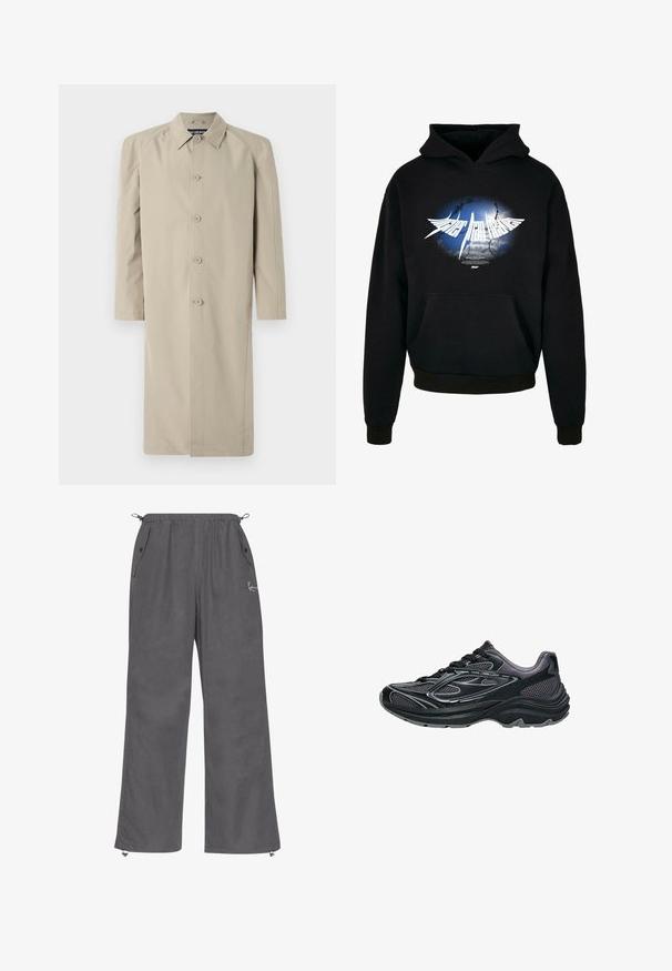 Beige trenchcoat lavet af et glat, let stof. Har en kravehals, knaplukning foran og lange ærmer med lige snit.; Sort hættejakke med et centralt hvidt grafik og et blågrå burst-design samt teksten "Higher than Heaven" i stiliseret skrifttype. Lomme foran.; Grå, brede bukser lavet af blød stof. Har en elastisk talje, sidelommer og lynlåse ved anklerne. Enkelt design med minimal detaljer.; Sort atletiksko med meshpaneler, gummisål, snørelukning og reflekterende detaljer. Buet form med teksturerede overflader.