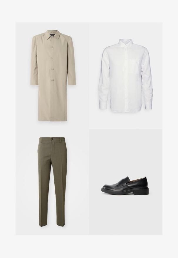 Beige Trenchcoat aus einem glatten, leichten Stoff. Mit Kragen, Knopfverschluss vorne und langen Ärmeln im geraden Schnitt.; Langärmliges, weißes Hemd aus Baumwolle mit Button-Down-Kragen, Fronttasche und normalem Schnitt. Strukturierter Stoff mit glatter Oberfläche.; Olivgrüne maßgeschneiderte Hose mit glatter Textur, geradem Bein, einem einzigen Frontknopf und praktischen Seitentaschen.; Schwarze Leder-Pantoletten mit niedrigem Absatz und dezentem Calvin Klein-Logo an der Seite, im Profil vor einem weißen Hintergrund dargestellt.