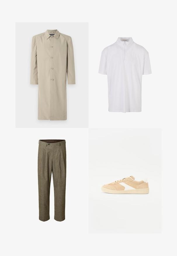 Beige trenchcoat lavet af et glat, let stof. Har en kravehals, knaplukning foran og lange ærmer med lige snit.; Hvid kortærmet skjorte med høj krave og lynlås i kvart længde. Fremstillet af blødt, letvægtsstof med en afslappet pasform.; Brune bukser med ternet mønster, plisseret front, sidelommer, linning med bæltestropper og knaplukning.; Beige ruskind sneakers med hvide detaljer, rund tå og snørebåndslukning. Tekstureret overdel og gummisål med diskret branding.