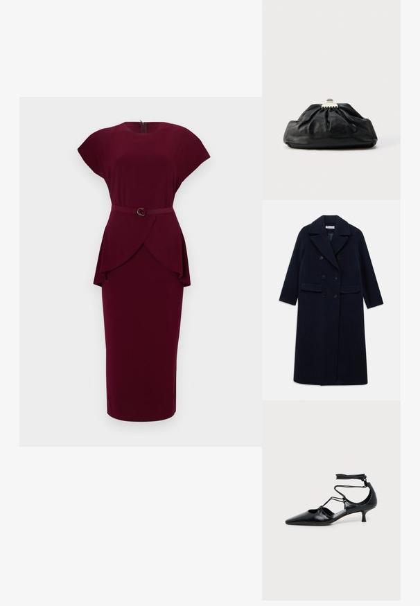 Abrigo de lana azul marino cruzado de doble botonadura con solapas anchas, seis botones negros, dos bolsillos delanteros con solapa y mangas largas.; Vestido ajustado burdeos con mangas cortas, escote redondo, detalle de peplum en la cintura y cinturón con hebilla circular. Hecho de tela lisa.; Zapato negro de tacón bajo tipo kitten con puntera puntiaguda, tiras alrededor del tobillo y detalles de recortes a los lados, mostrado sobre un fondo claro y liso.; Bolso de mano de cuero negro con textura recogida, cierre de broche metálico y logo en relieve sutil en el frente. Forma redondeada.