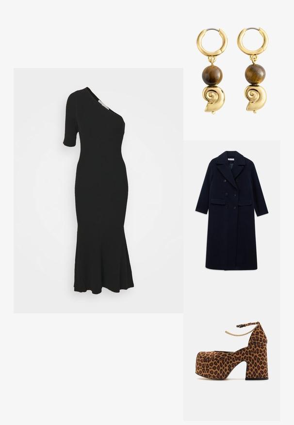 Lang mørkeblå, dobbeltbrystet uldfrakke med brede klapper, seks sorte knapper, to forreste klaplommer og lange ærmer.; Veronica Beard MONTROSE DRESS - Etuikjole - black; Leopardprint platformhæle med en tyk blokhæl, ankelrem og guldkæde-detalje. Lavet af tekstureret materiale.; Guld hoop øreringe med brune runde sten og guldsneglspiralformede vedhæng, der hænger under hver sten.