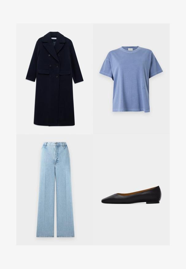 Langer navyblauer, doppelt geknöpfter Wollmantel mit breiten Revers, sechs schwarzen Knöpfen, zwei vorderen Klappentaschen und langen Ärmeln.; Hellblaues Baumwoll-T-Shirt mit kurzen Ärmeln, einem Rundhalsausschnitt und einem kleinen gestickten Logo auf der linken Seite. Glatte Textur und lockere Passform.; Hellblaue weit geschnittene Jeans aus Denim mit hoher Taille, ausgestattet mit fünf Gürtelschlaufen, einem vorderen Knopfverschluss und gesteppte Nähte.; Schwarzer flacher Schuh aus Leder mit spitz zulaufender Vorderkappe, niedrigem Absatz und glatter Oberfläche, von der Seite vor einem hellgrauen Hintergrund dargestellt.