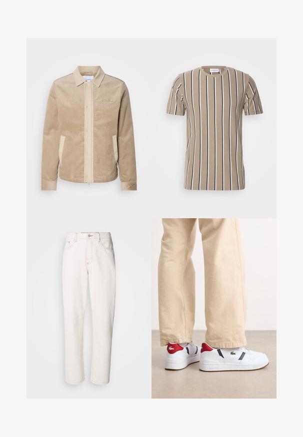 Tan corduroy jas met een beige voorkant, kraag en zakken. Heeft een knoopsluiting en ribgebreide manchetten. Subtiele branding op de borst.; Beige katoenen t-shirt met horizontale strepen in donkerbruin en wit, ronde hals en korte mouwen. Zachte textuur en casual ontwerp.; Witte denim jeans met een rechte pasvorm, voorzien van gestikte naden, een metalen knoopsluiting en een standaard vijf-pocket constructie.; Witte sneakers met rode en marineblauwe accenten, voorzien van een geperforeerd ontwerp en een groen logo. Getextureerde rubberen zool en strakke lijnen.