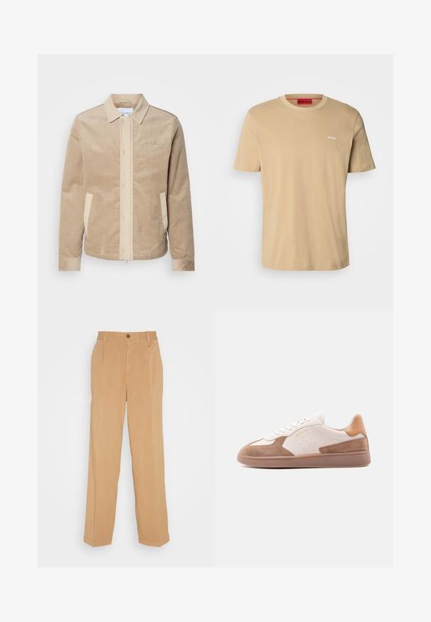 Chaqueta de pana marrón claro con el frente, el cuello y los bolsillos en beige. Presenta un cierre de botón y puños acanalados. Branding sutil en el pecho.; Camiseta de algodón beige con cuello redondo, mangas cortas y un pequeño logo blanco "HUGO" en el pecho. Textura suave sin patrones.; Pantalones de pierna ancha en beige, fabricados con tejido suave, que cuentan con dos bolsillos frontales, un cierre de botón y detalles de pliegues a lo largo de las piernas.; Zapatilla baja blanca y beige con detalles de ante, laterales perforados, cordones blancos y suela de goma texturizada, mostrada de lado sobre un fondo blanco.