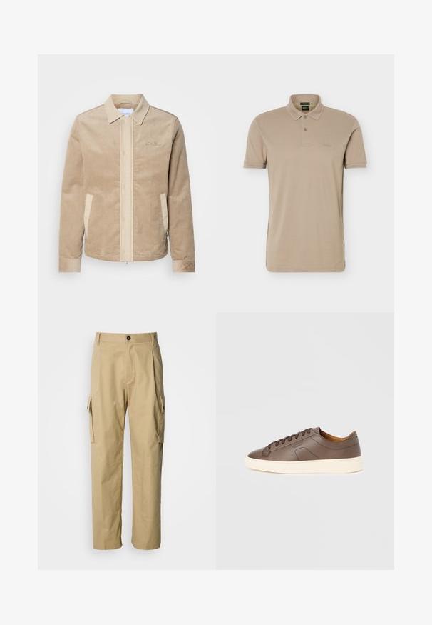 Tan corduroy jas met een beige voorkant, kraag en zakken. Heeft een knoopsluiting en ribgebreide manchetten. Subtiele branding op de borst.; Beige korte mouw polo met twee knopen en een klein reliëflogo op de linkerborst.; Beige cargobroek gemaakt van duurzaam stof, met een ontspannen pasvorm, zijzakken en een knoopsluiting in de taille.; Bruine leren sneaker met een gladde textuur, contrasterende crèmekleurige buitenzool, ronde neus en donkerbruine veters; heeft een subtiel geperst logo.