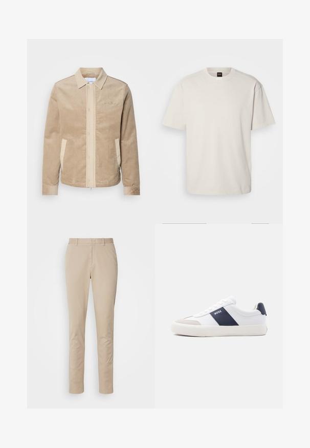 Tan corduroy jas met een beige voorkant, kraag en zakken. Heeft een knoopsluiting en ribgebreide manchetten. Subtiele branding op de borst.; Korte mouwen, ronde hals t-shirt in off-wit katoen, met een rechte snit en minimale merkvermelding op de hals. Zachte textuur, geen patronen.; Beige katoenen broek met een recht model, voorzien van een ritssluiting, zijzakken en subtiele stikdetails. Soepele textuur.; Witte lage sneaker met marineblauwe zijstreep, "BOSS"-logo, beige neuskap en witte zool, in profiel weergegeven tegen een lichte achtergrond.