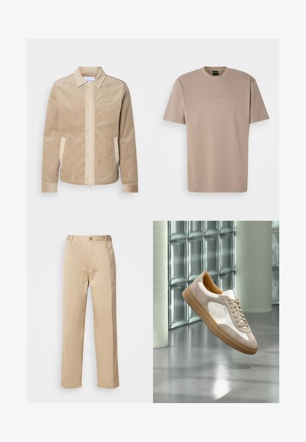 Chaqueta de pana marrón claro con el frente, el cuello y los bolsillos en beige. Presenta un cierre de botón y puños acanalados. Branding sutil en el pecho.; Camiseta de algodón suave color beige con mangas cortas y cuello redondo, que presenta un logo bordado de "BOSS" en el pecho.; Pantalones beige hechos de una tela ligera, con un diseño de pierna recta, cinturilla con trabillas y un solo botón en la parte frontal.; Zapatilla beige y blanca con suela marrón claro y logo "BOSS", suspendida sobre un suelo liso y reflectante con pared de bloques de vidrio al fondo.