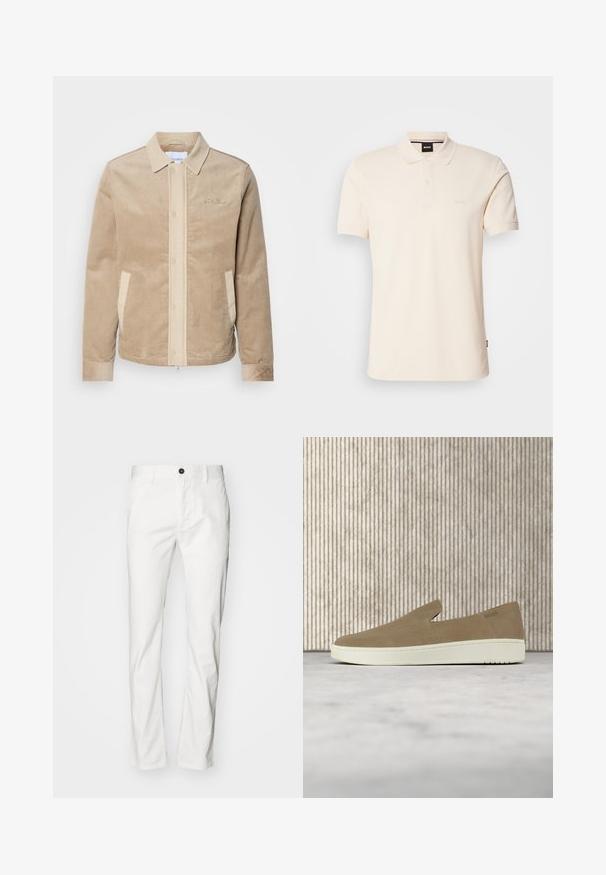 Tan corduroy jas met een beige voorkant, kraag en zakken. Heeft een knoopsluiting en ribgebreide manchetten. Subtiele branding op de borst.; Beige polo-shirt van katoen, met een kraag en een twee-knopen sluiting. "BOSS" logo geborduurd op de borst, korte mouwen, eenvoudig ontwerp.; Witte katoen broek met een rechte snit, voorzien van een knoopsluiting en zakken, zachte textuur en minimalistische stijl.; Beige instapper met witte zool, zwevend in de lucht boven een licht tapijt met amberkleurig transparant meubilair op de achtergrond.