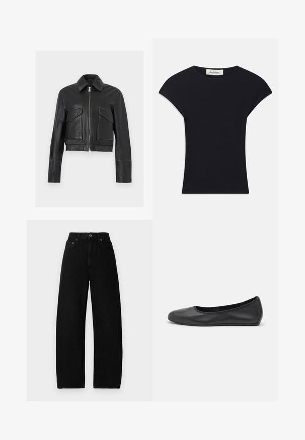 Veste en cuir noir avec fermeture éclair à l'avant, deux poches à rabat, col et manches longues, présentée sur un fond clair uni.; Haut noir à manches courtes en tissu doux, avec un col rond et une coupe ajustée, ornée de légers accents d'épaule. Étiquette visible.; Jean large en denim noir avec une taille haute, dotée d'une fermeture à bouton à l'avant, de poches et d'une texture lisse et mate.; Ballerines en cuir noir avec un bout rond, texture lisse, détails de couture minimalistes et design de semelle flexible.