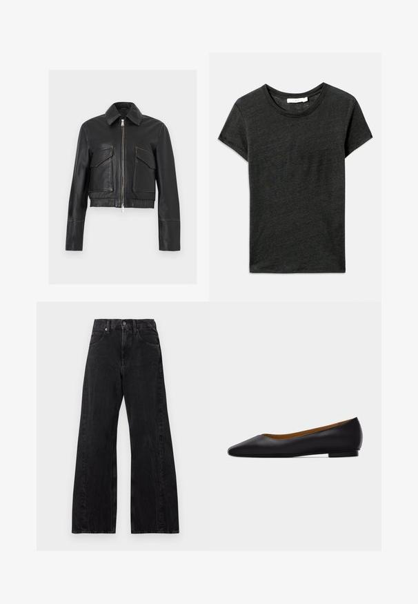 Veste en cuir noir avec fermeture éclair à l'avant, deux poches à rabat, col et manches longues, présentée sur un fond clair uni.; T-shirt à manches courtes gris foncé, col rond, fabriqué dans un tissu doux et texturé avec une coupe décontractée. Aucun motif visible ni détail en matériel.; Jean noir taille haute à jambes larges, fermeture à boutons devant, passants de ceinture et poches, posé à plat sur fond blanc.; Chaussure plate en cuir noir à bout pointu avec talon bas et finition lisse, vue de côté sur un fond gris clair.