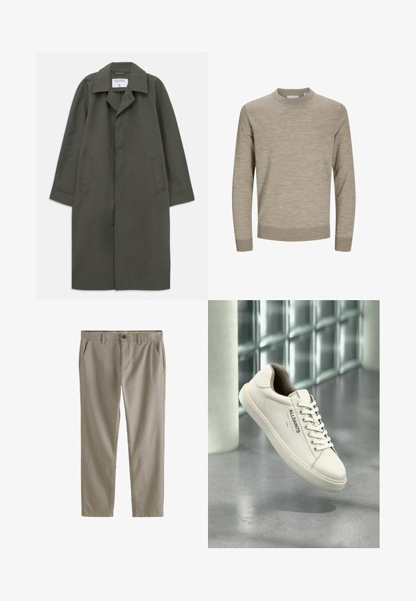 Langdonkergroene enkelbreasted jas met zijzakken, geknipte kraag en verborgen knopen aan de voorkant, label "Filippa K" binnenin de kraag.; Beige lange mouw trui met ronde hals, geribbelde manchetten en zoom, weergegeven op een witte achtergrond.; Beige katoenen broeken met een recht model, voorzien van zijzakken, een rits en een enkele knoopsluiting, zachte textuur en minimale stiksels.; Witte AllSaints sneaker met veters, logo en Japanse tekst, hangend boven een gepolijste betonnen vloer met matglazen blokken op de achtergrond.
