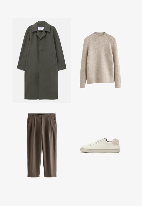 Langdonkergroene enkelbreasted jas met zijzakken, geknipte kraag en verborgen knopen aan de voorkant, label "Filippa K" binnenin de kraag.; Licht beige geribde trui met een hoge, ronde hals en lange mouwen. Zachte textuur en een relaxte pasvorm, met raglan schoudernaden.; Bruine korte broek met riemlussen, zijzakken, een voorrits en plooien op beide benen.; Witte leren lage sneaker met witte veters, licht gestructureerde zool en lichtgrijze suède hielpatch, zijaanzicht.