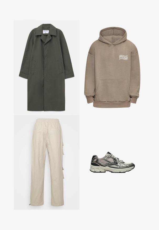 Langer, dunkelolivgrüner Einreiher mit seitlichen Taschen, Reverskragen und verdeckten vorderen Knöpfen, Etikett "Filippa K" im Kragen.; Dropsize HEAVY - Kapuzenpullover - taupe; Beige gerade Hose mit elastischem Bund und zwei Gesäßtaschen, von hinten auf weißem Hintergrund gezeigt.; Hellgrauer und schwarzer Laufschuh mit Mesh-Einsätzen, gedämpfter Sohle und weißen gemusterten Schnürsenkeln, von der Seite auf weißem Hintergrund gezeigt.