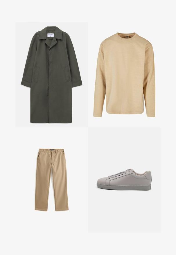 Lang mørk olivenfarvet enkelt brystfrakke med sidelommer, notched krave og skjulte frontknapper, mærke "Filippa K" inden i kraven.; Beige langærmet t-shirt i blødt stof med rund hals, afslappet pasform og minimale sømme for et rent design.; Beige bukser med lige ben, knap- og lynlåslukning, bæltestropper og sidelommer, lagt fladt på en hvid baggrund.; Grå lædersneaker med en glat finish, flade snørebånd, rund tå og en kontrasterende grå gummisål. Minimalistisk design og tekstur.