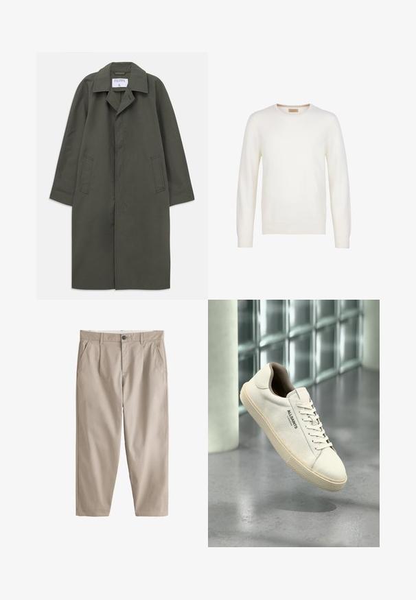 Langdonkergroene enkelbreasted jas met zijzakken, geknipte kraag en verborgen knopen aan de voorkant, label "Filippa K" binnenin de kraag.; Effen witte trui met lange mouwen en een ronde hals, simpel ontwerp en een klein bruin label aan de binnenkant van de kraag.; Beige rechte broek met riemlussen, knoop- en ritssluiting aan de voorkant, zijzakken en zichtbare stikseldetails op een witte achtergrond.; Witte canvas sneaker met een beige zool en veters, "AllSaints London" logo aan de zijkant, zwevend boven een grijs gepolijste vloer nabij glasblokken.