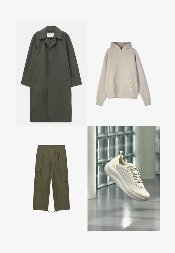 Langdonkergroene enkelbreasted jas met zijzakken, geknipte kraag en verborgen knopen aan de voorkant, label "Filippa K" binnenin de kraag.; Beige hoodie van textiel met structuur, voorzien van een kangoeroezak, ribbels op de manchetten en een klein zwart "PEGADOR" logo op de voorkant.; Olijfgroene wide-leg cargobroek met plooien, zijflapzakken, riemlussen, knoopsluiting en verstelbare koordjes aan de zoom.; Witte atletische sneaker met veters die boven een glanzende vloer zweeft, een glazen blokmuur en betonnen zuilen in een moderne binnensituatie.