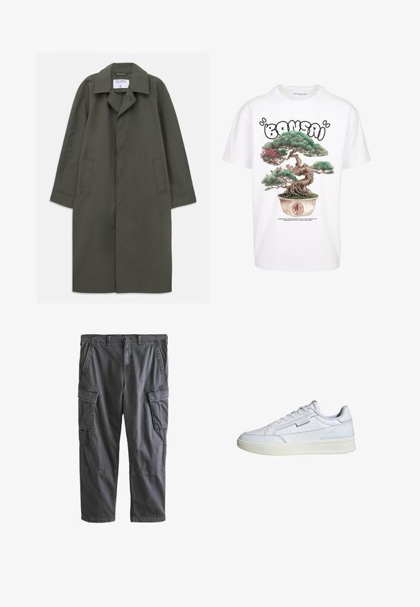 Lang mørk olivenfarvet enkelt brystfrakke med sidelommer, notched krave og skjulte frontknapper, mærke "Filippa K" inden i kraven.; Hvid T-shirt med et farverigt grafisk motiv af et bonsai-træ i en krukke, med sort tekst ovenfor og nedenfor designet.; Mørkegrå cargobukser med knaplukning, bæltestropper, skrå frontlommer og store klaplommer på lårene.; Hvide lædersneakers med en glat overflade og subtile syninger. Udstyret med en gummisål og et minimalistisk design med grå accenter.