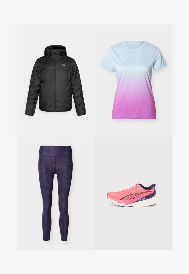 Chaqueta acolchada negra con capucha, con cremallera frontal y un logo de Puma blanco en el lado izquierdo del pecho. Textura lisa y brillante, y mangas largas.; Camiseta deportiva de manga corta para mujer con degradado de azul claro a rosa, cuello redondo y pequeños logotipos blancos de "HYROX" y Puma en el pecho.; Leggings ajustados de talle alto en color púrpura, con un patrón jaspeado sutil, mostrados sobre un fondo blanco liso.; Zapatilla de correr rosa y azul marino con suela blanca gruesa, franja de logotipo negra, cordones y texto "NITRO" en la entresuela, vista lateral sobre fondo claro.