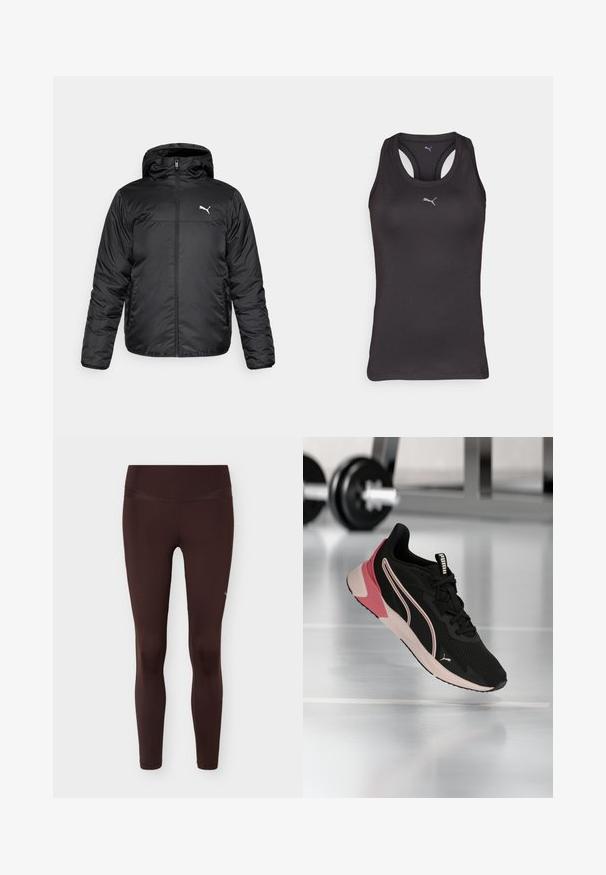 Chaqueta acolchada negra con capucha, con cremallera frontal y un logo de Puma blanco en el lado izquierdo del pecho. Textura lisa y brillante, y mangas largas.; Camiseta atlética negra sin mangas con un diseño de espalda racer, hecha de un tejido suave, que presenta un pequeño logo gris en el centro del frente.; Leggings de mujer de cintura alta en marrón oscuro con costuras planas y tejido elástico ajustado, exhibidos sobre un fondo blanco.; Zapatilla de correr Puma negra y rosa suspendida sobre un suelo de gimnasio reflectante, con mancuernas desenfocadas en el fondo.
