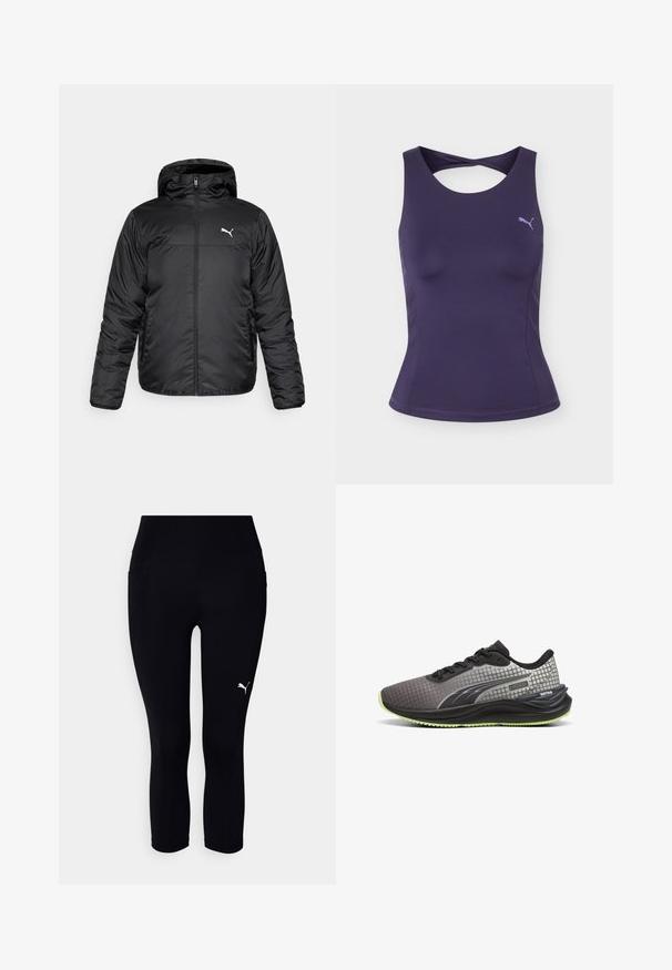 Zwarte gewatteerde jas met een capuchon, voorzien van een rits aan de voorkant en een wit Puma-logo op de linkerborst. Gladde, glanzende textuur en lange mouwen.; Paarse mouwloze sporttanktop met gedraaide achterkant en klein lichtpaars Puma-logo op de borst.; Zwarte capri leggings gemaakt van rekbaar materiaal, met een hoge tailleband en een klein wit logo aan de linkerkant. Soepele textuur.; Zwarte en grijze sportshoe met een rasterpatroon, voorzien van een slank design, een gevoerde zool en groene accenten op de buitenzool.