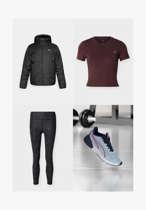 Chaqueta acolchada negra con capucha, con cremallera frontal y un logo de Puma blanco en el lado izquierdo del pecho. Textura lisa y brillante, y mangas largas.; Camiseta deportiva entallada de manga corta en color granate con cuello redondo y pequeño logotipo de Puma en el pecho izquierdo sobre un fondo blanco.; Mallas deportivas de talle alto con motas negras y grises, de diseño ajustado hasta el tobillo, sobre un fondo blanco.; Zapatilla deportiva azul claro con detalles en azul oscuro, parte superior de malla texturizada, franjas laterales rosas y suela acolchada blanca.
