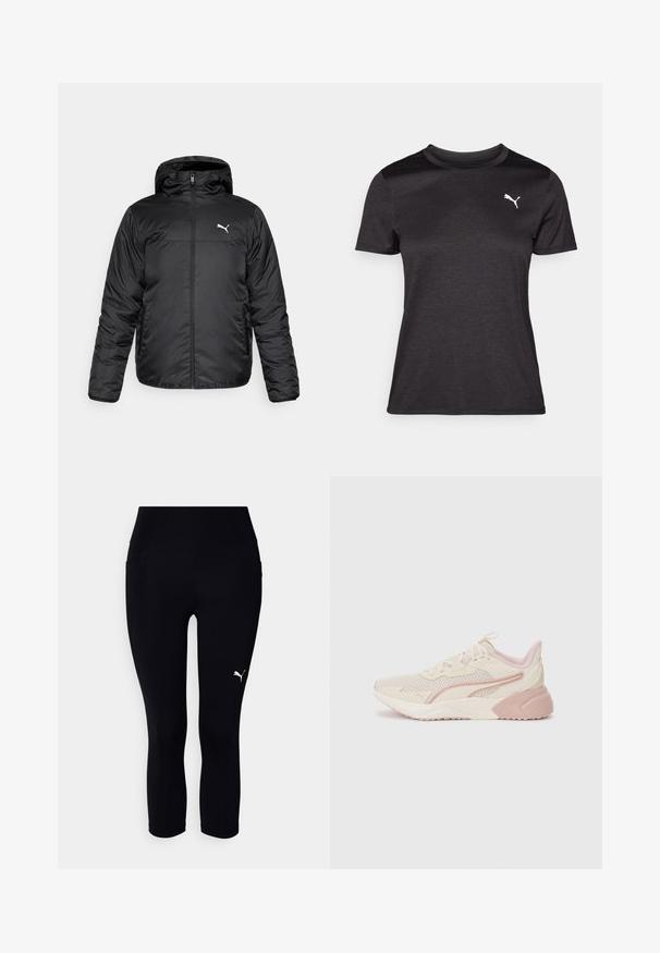 Chaqueta acolchada negra con capucha, con cremallera frontal y un logo de Puma blanco en el lado izquierdo del pecho. Textura lisa y brillante, y mangas largas.; Camiseta deportiva negra de manga corta, con escote redondo y un logo blanco en el pecho. Textura suave y forma ajustada.; Leggings capri negros hechos de tela elástica, con una cinturilla alta y un pequeño logo blanco en el lado izquierdo. Textura suave.; Zapatillas ligeras con un diseño en beige y rosa pálido, parte superior de malla, suela acolchada y sutiles acentos de logotipo en el lateral.