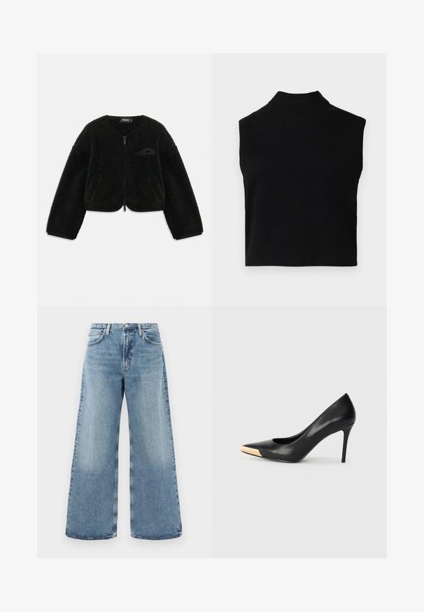 Veste zippée noire en tissu sherpa texturé, avec un col rond, des manches longues et une petite poche sur le côté gauche de la poitrine.; Haut noir sans manches avec col roulé, au design ajusté, fabriqué en tissu doux, avec un col côtelé et une texture lisse.; Jean large en denim bleu clair avec taille haute, design traditionnel à cinq poches, coutures visibles et finition à bord brut.; Pompe à talon haut en cuir noir avec bout pointu ; présente une accentuation métallique dorée sur le capuchon. Surface lisse avec un design épuré.