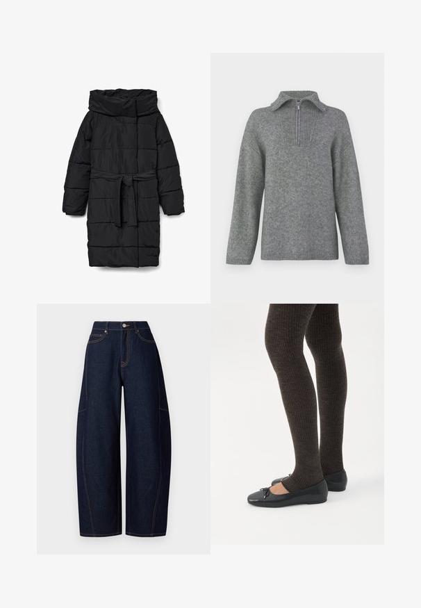Zwarte, doorgestikte donzen jas van middellange lengte met een brede kraag en een tailleband. Heeft een gladde, matte textuur en schuine naden.; Grijs half-zip trui met een geribbelde kraag en een gestructureerd breipatroon. Heeft lange mouwen en een rechte snit voor een oversized pasvorm.; Brede donkerblauwe denim broek met contrasterende oranje stiksels, vijf zakken en een knoop- en ritssluiting aan de taille.; Benen met donkere geribbelde leggings gecombineerd met zwarte ballerina's met kleine strikdetails op een witte achtergrond.