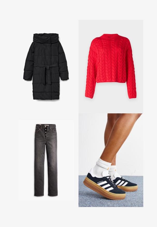 Schwarzer, gesteppter Steppmantel in mittlerer Länge mit weitem Kragen und tailliertem Gürtel. Verfügt über eine glatte, matte Textur und schräge Nähte.; Roter Kabelstrickpullover mit hohem Kragen, langen Ärmeln und verkürztem Saum. Dicke Textur mit erhabenen, ineinandergreifenden Mustern.; Schwarze hochgeschnittene Jeans mit geradem Bein, aus Denim gefertigt. Verfügt über einen Knopfverschluss, Kupferakzente und Kontrastnähte.; Beine mit weißen Socken und schwarzen Adidas Gazelle Sneakers mit weißen Streifen und dicken braunen Sohlen auf einem grauen Teppichboden.