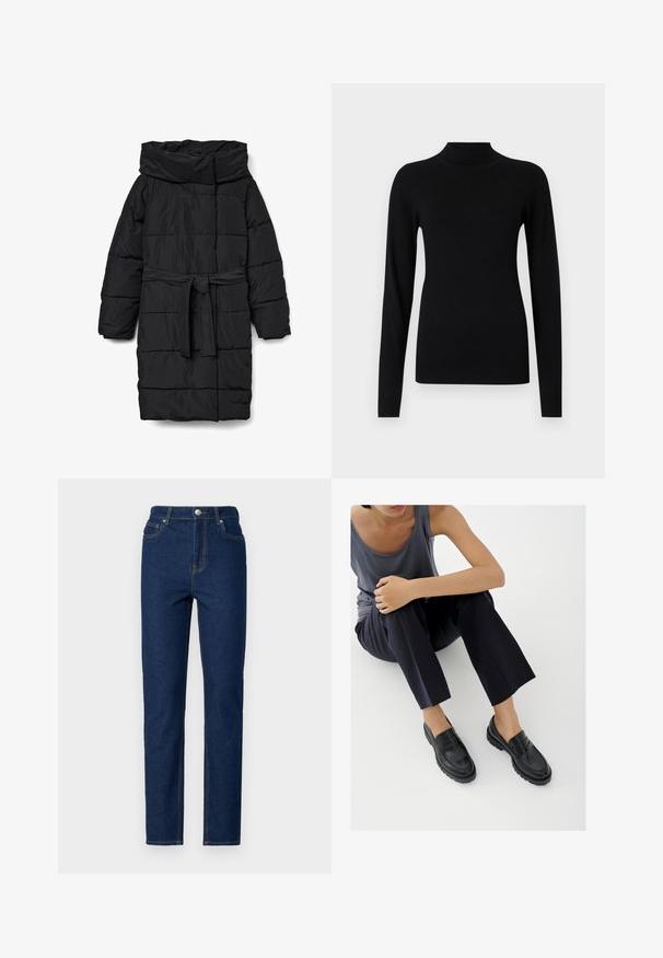Schwarzer, gesteppter Steppmantel in mittlerer Länge mit weitem Kragen und tailliertem Gürtel. Verfügt über eine glatte, matte Textur und schräge Nähte.; Schwarzer, enganliegender Rollkragenpullover mit langen Ärmeln, gerippten Bündchen und Saum auf hellgrauem Hintergrund.; Dunkelblaue Jeans aus Denim mit hoher Taille, geradem Bein, Kontrastnähten, fünf Taschen sowie einem vorderen Knopf- und Reißverschluss.; Schwarze Leder-Loafer mit strukturierten Akzenten, niedrigem Absatz, rundem Zehenbereich und sichtbarer Naht. Das Modell trägt dunkle Hosen und ein graues Oberteil.