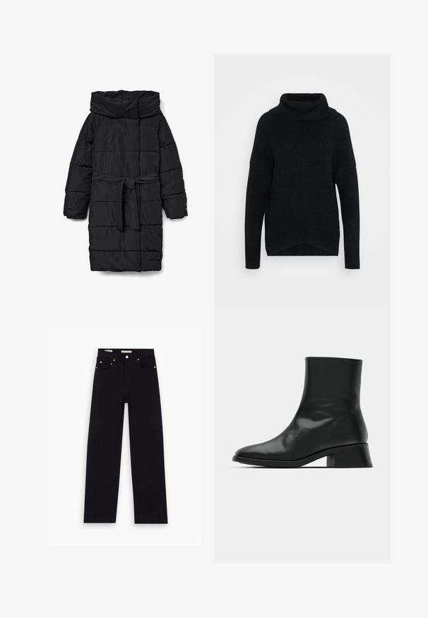Schwarzer, gesteppter Steppmantel in mittlerer Länge mit weitem Kragen und tailliertem Gürtel. Verfügt über eine glatte, matte Textur und schräge Nähte.; Schwarzer, gerippter Strickrollkragenpullover mit langen Ärmeln und überschnittenen Schultern, leicht länger geschnittener Rücken, vor einem schlichten weißen Hintergrund präsentiert.; Schwarze Denim-Jeans mit geradem Schnitt, fünf Taschen, Kupferbeschlägen und einer glatten Textur. Zwei Etiketten sind am Bund sichtbar.; Schwarze Ankle Boots aus glänzendem Leder, mit einem eleganten Design, spitzer Zehenpartie und einem moderaten Blockabsatz für Stabilität.