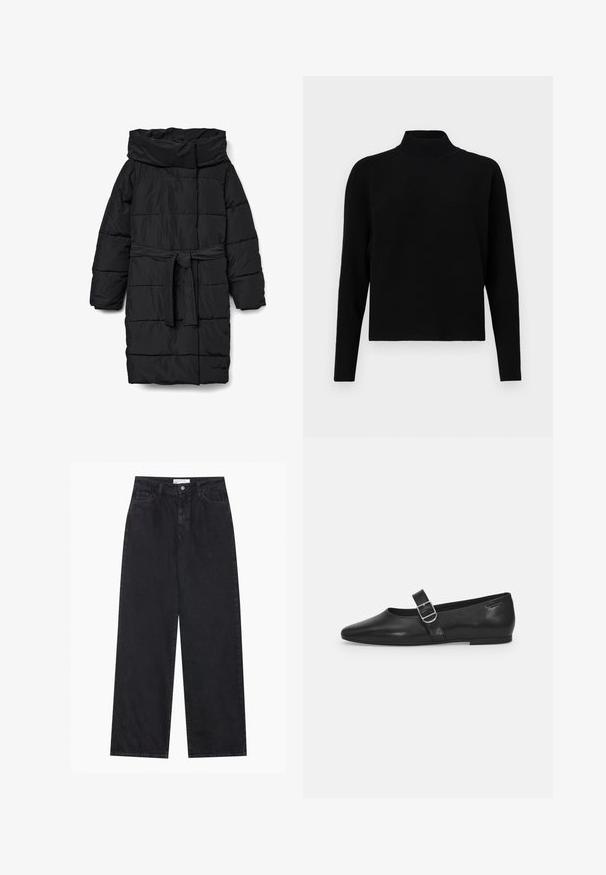 Zwarte, doorgestikte donzen jas van middellange lengte met een brede kraag en een tailleband. Heeft een gladde, matte textuur en schuine naden.; JDY Knitted JDYPRIME Knitted - Trui - black; Zwarte high-waisted spijkerbroek met wijde pijpen, frontknopen en ritssluiting, ceintuurlussen en een vijf-pocket stijl.; Zwarte leren platte schoen met een ronde neus, een enkele verstelbare gespsluiting en een gladde, glanzende textuur. Minimalistisch ontwerp met een lage hak.