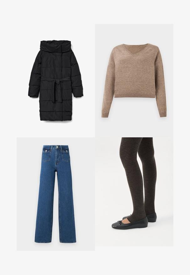 Zwarte, doorgestikte donzen jas van middellange lengte met een brede kraag en een tailleband. Heeft een gladde, matte textuur en schuine naden.; Lichtbruin gebreid sweater met een V-hals, lange mouwen en geribbelde zoom. Zachte textuur met een iets korter ontwerp en geen zichtbare patronen.; Wijde jeans gemaakt van donkerdenim. Beschikt over twee voorzakken en een knoopsluiting. Glad textuur met zichtbare stiksels en gestructureerde vorm.; Benen met donkere geribbelde leggings gecombineerd met zwarte ballerina's met kleine strikdetails op een witte achtergrond.