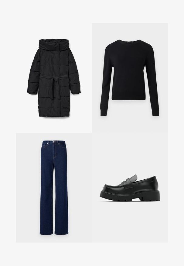 Schwarzer, gesteppter Steppmantel in mittlerer Länge mit weitem Kragen und tailliertem Gürtel. Verfügt über eine glatte, matte Textur und schräge Nähte.; Schwarzer Pullover mit langen Ärmeln und Rundhalsausschnitt, mit gerippten Bündchen und Saum, vor einem schlichten hellgrauen Hintergrund dargestellt.; Dunkelblaue Denim-Jeans mit hoher Taille, weitem Bein und klassischem Fünf-Taschen-Design. Abgerundet mit kontrastierenden Nähten und einem Metallknopf.; Schwarze Leder-Loafers mit einer chunky strukturierten Sohle, ausgestattet mit einem Riemen über dem Spann und einer glatten, polierten Oberfläche.